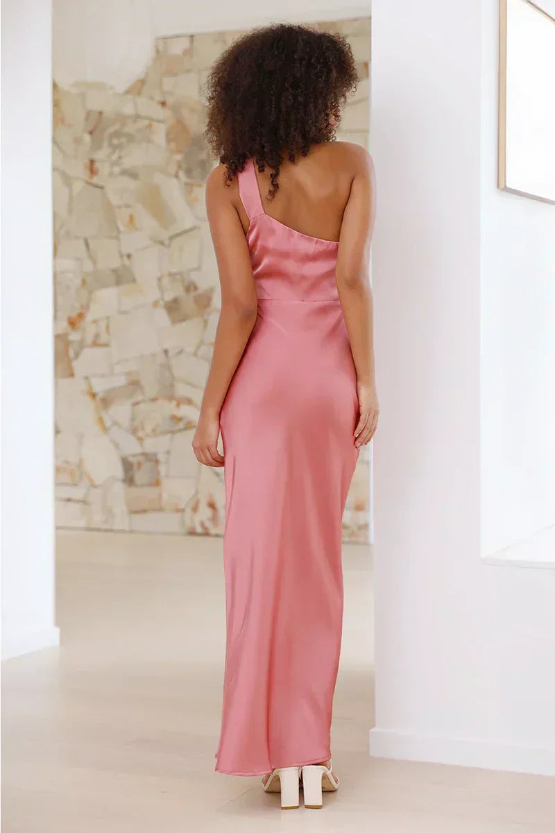 Satin One Shoulder Column Floor Length Maxi Dress 3