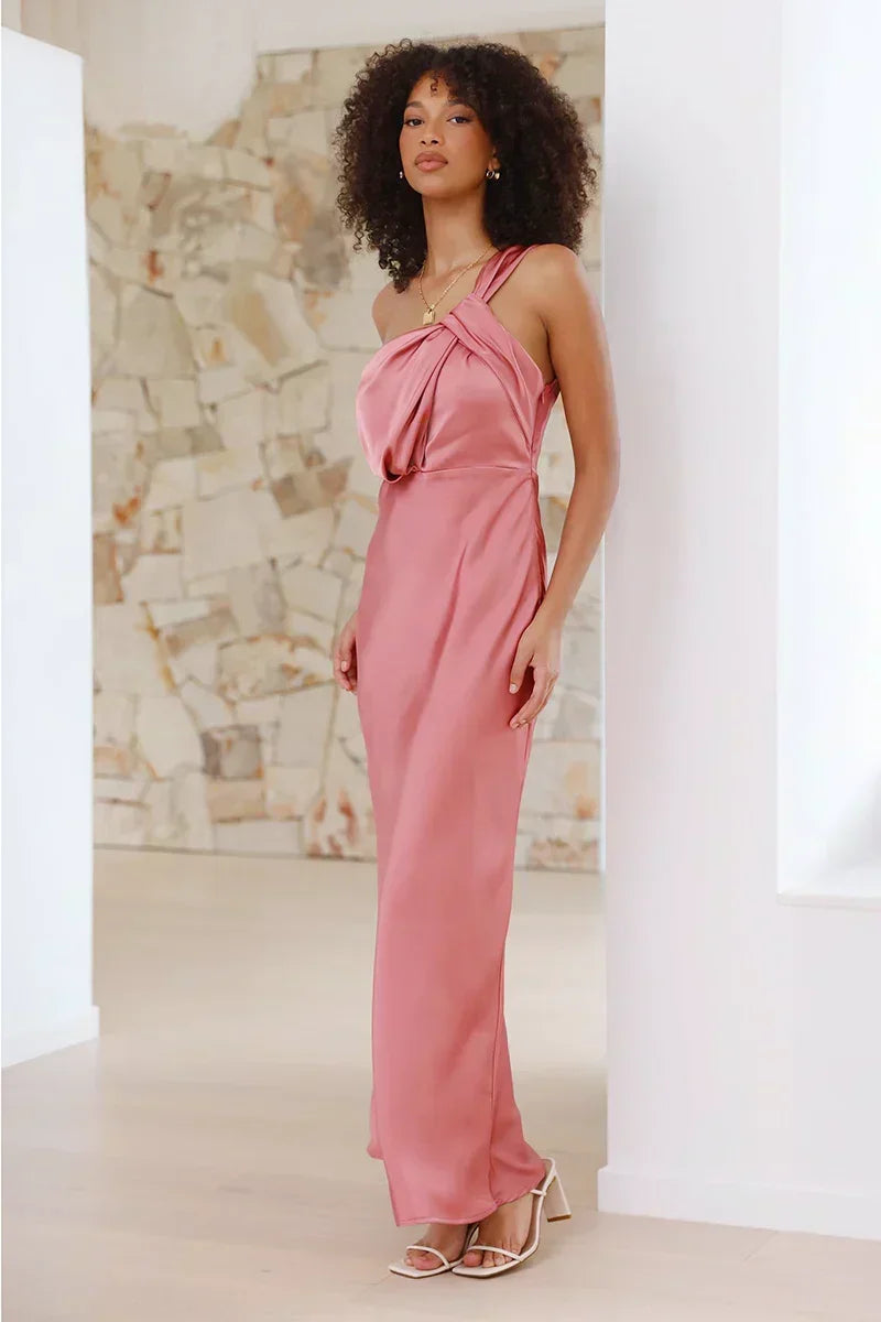 Satin One Shoulder Column Floor Length Maxi Dress 5