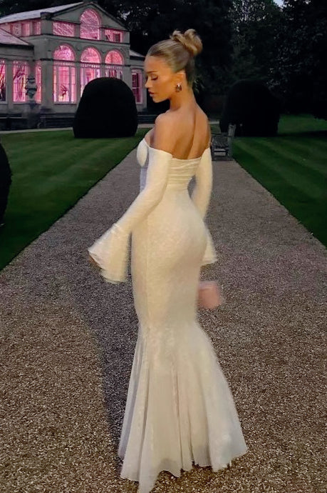 Lace Off Shoulder Bell Sleeve Sweetheart Mermaid Maxi Gown 3