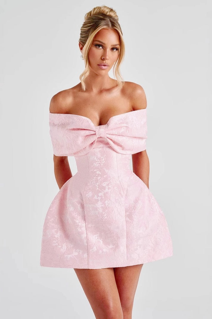 Jacquard Off Shoulder Bow Bustier Fit and Flare Mini Dress 4