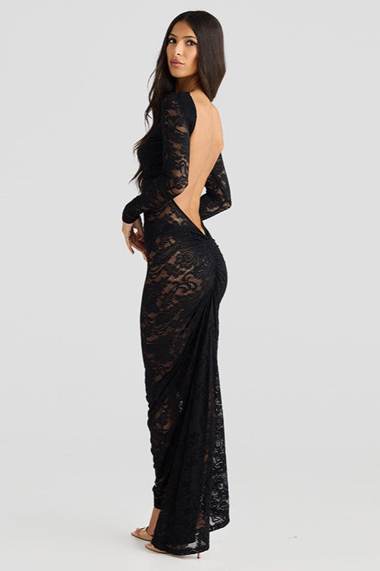 Open Back Long Sleeve Floral Lace Illusion Overlay Bodycon Maxi Dress 5