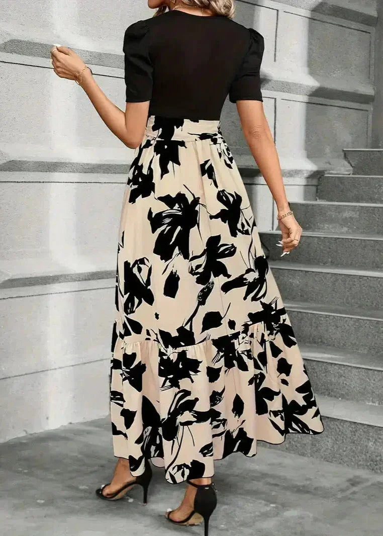 Puff Sleeve Crew Neck Abstract Floral Print Tie Waist Tiered Maxi Dress 3