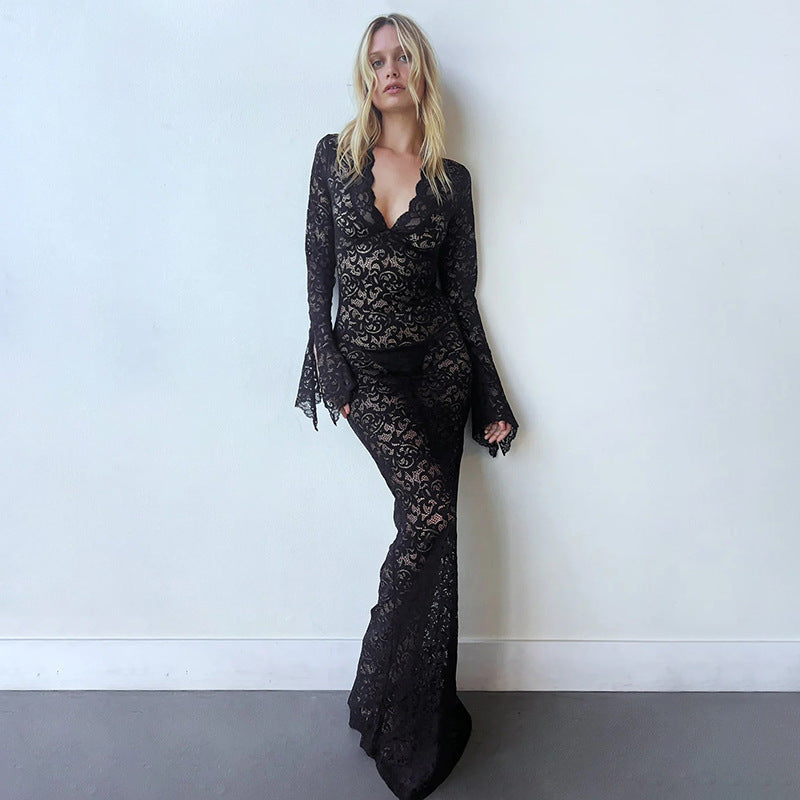 Lace Deep V-Neck Bell Sleeve Mermaid Maxi Dress 6