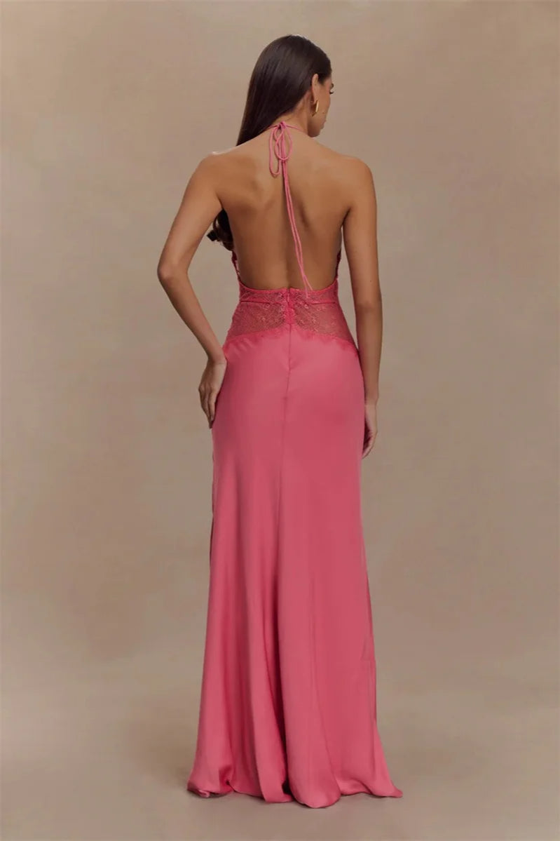 Lace Patchwork Backless Halter Dress 21