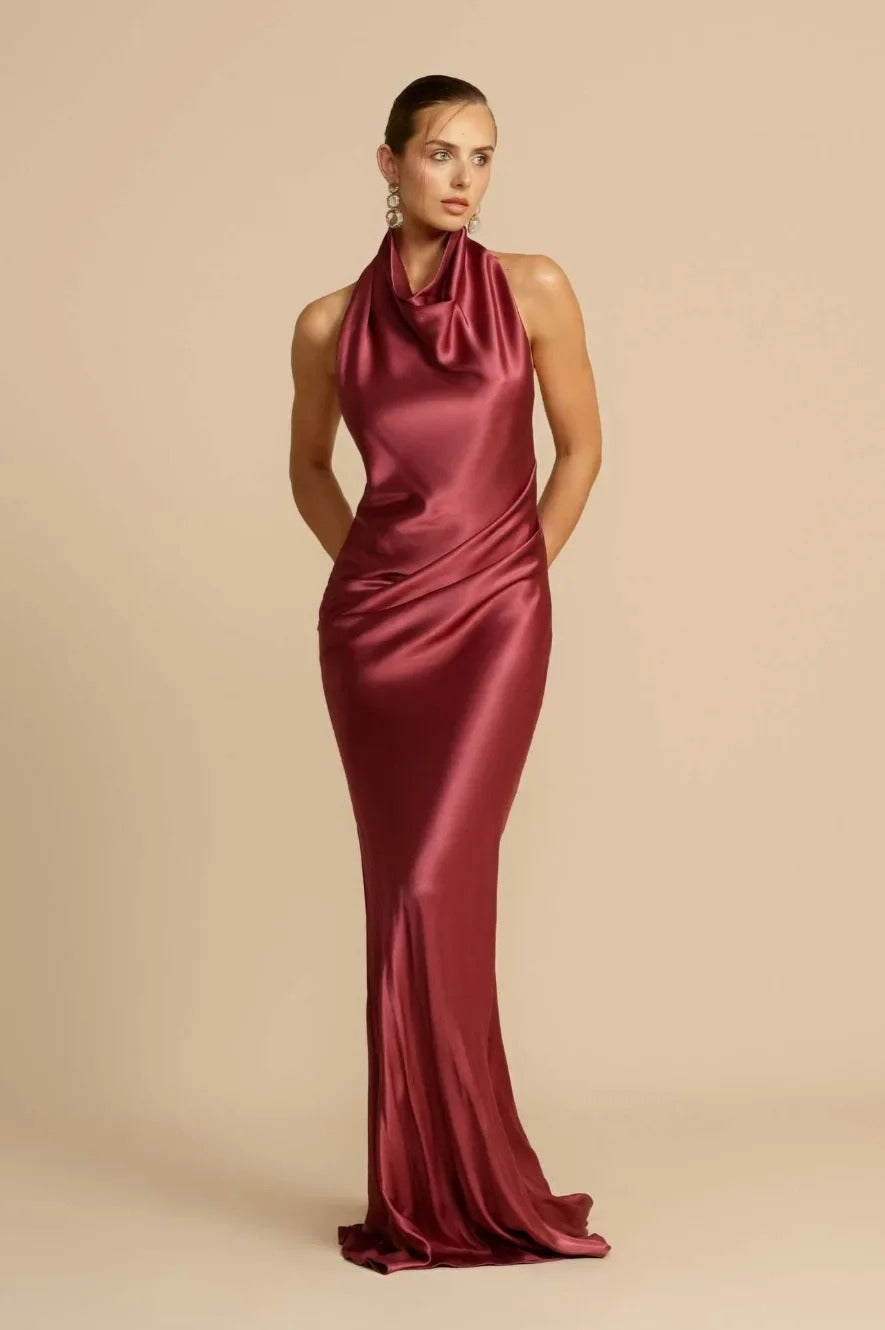 Satin Halter Neck Cowl Draped Bias Cut Trumpet Maxi Gown 8