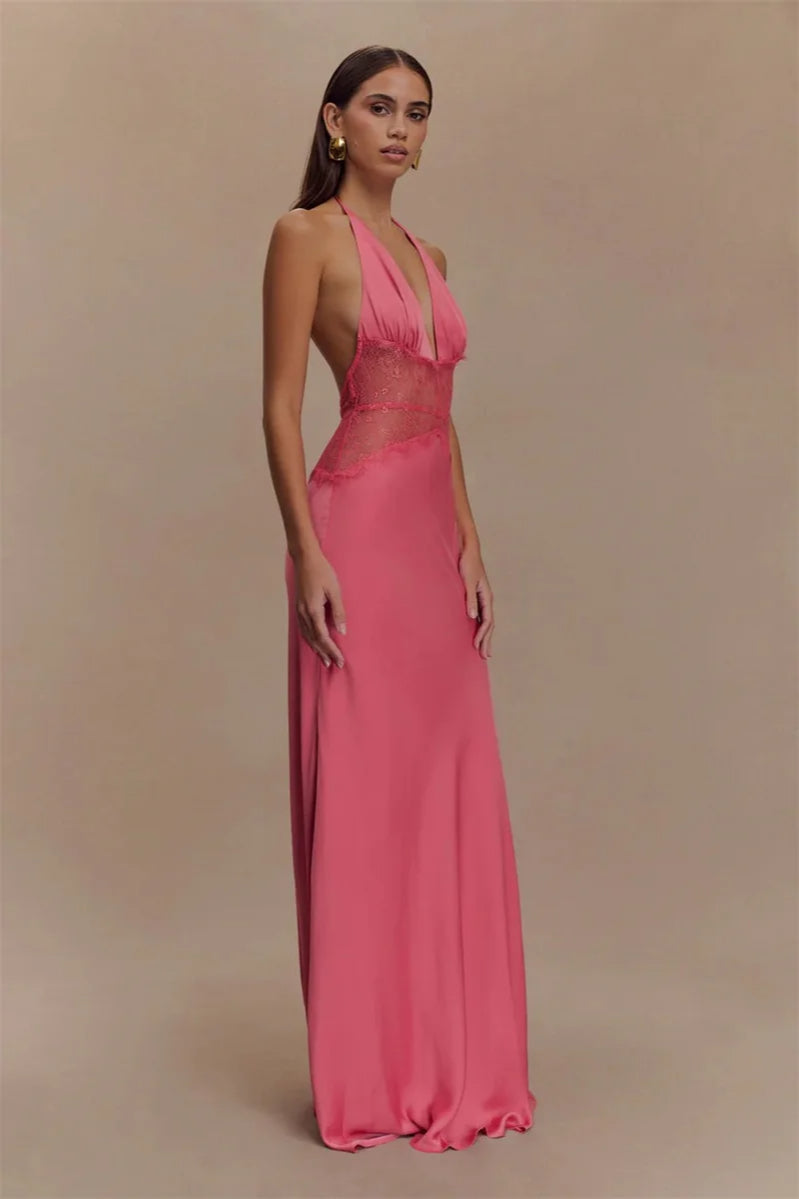 Lace Patchwork Backless Halter Dress 7