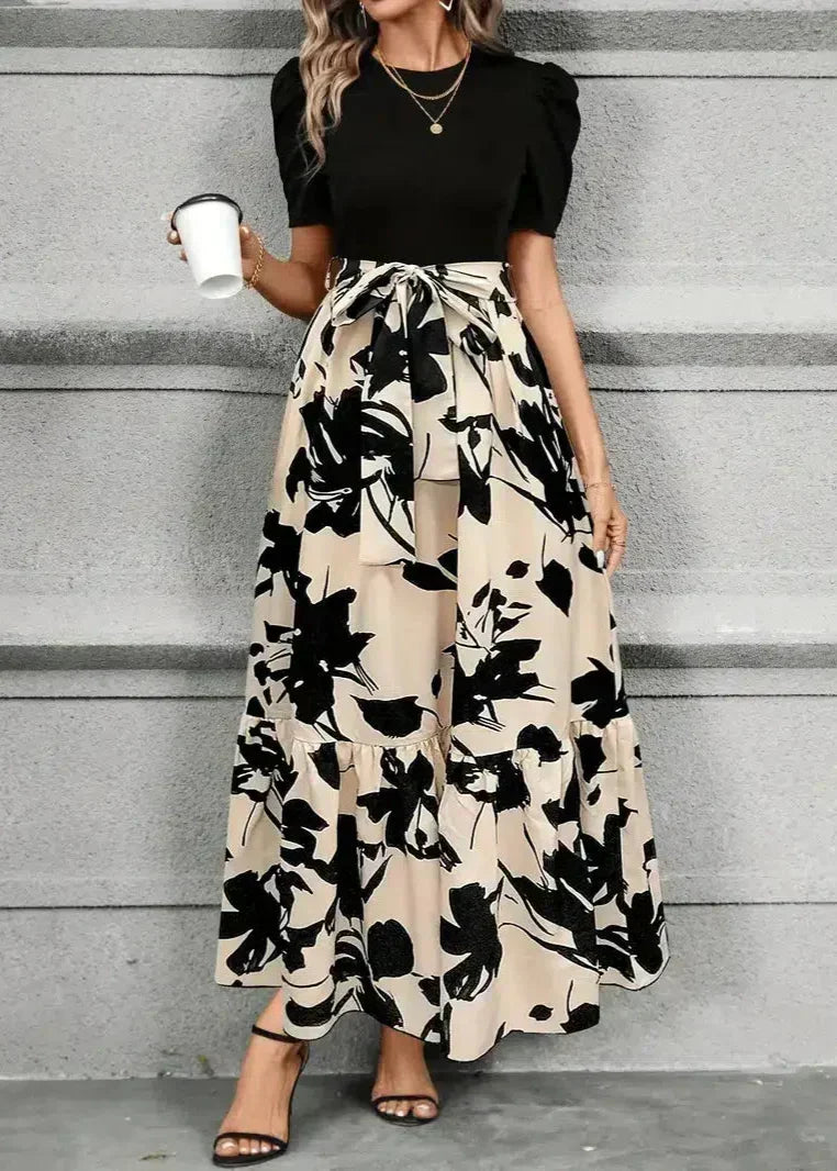 Puff Sleeve Crew Neck Abstract Floral Print Tie Waist Tiered Maxi Dress 4