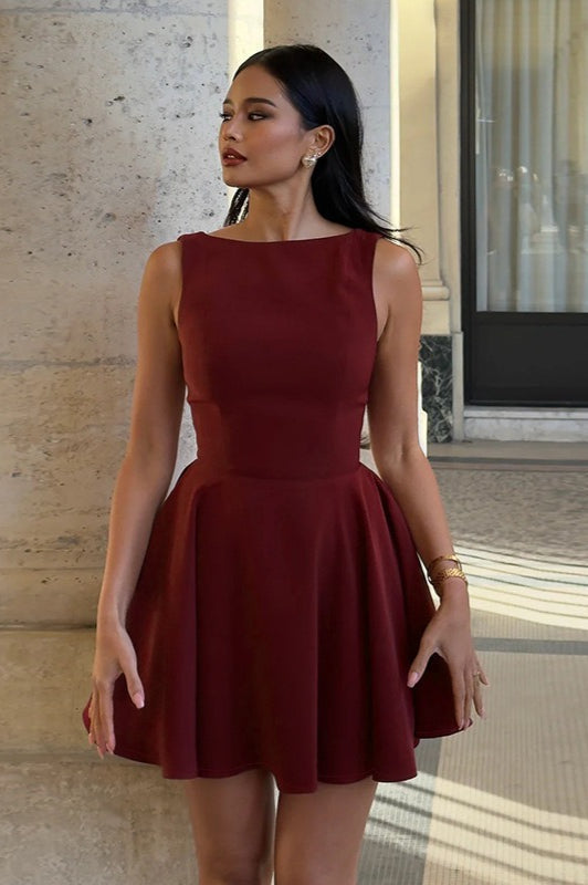 Boat Neck Sleeveless Pleated Fit and Flare Skater Mini Mini Dress