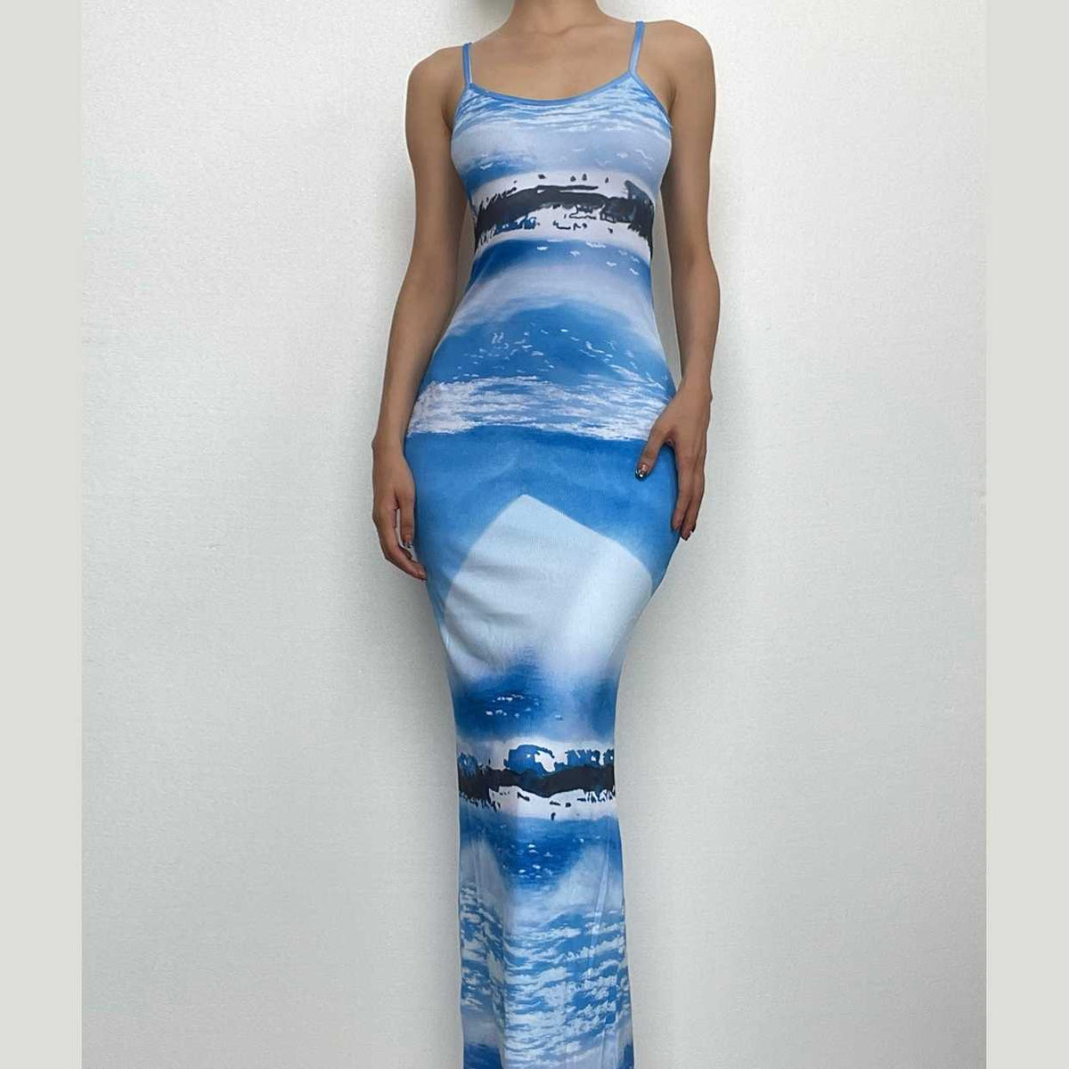 Abstract Landscape Print Scoop Neck Backless Cami Bodycon Maxi Dress
