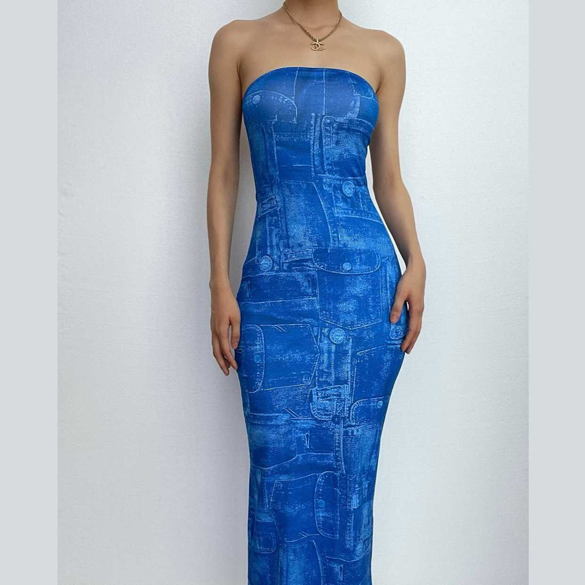 Strapless Denim Patchwork Print Bodycon Maxi Dress
