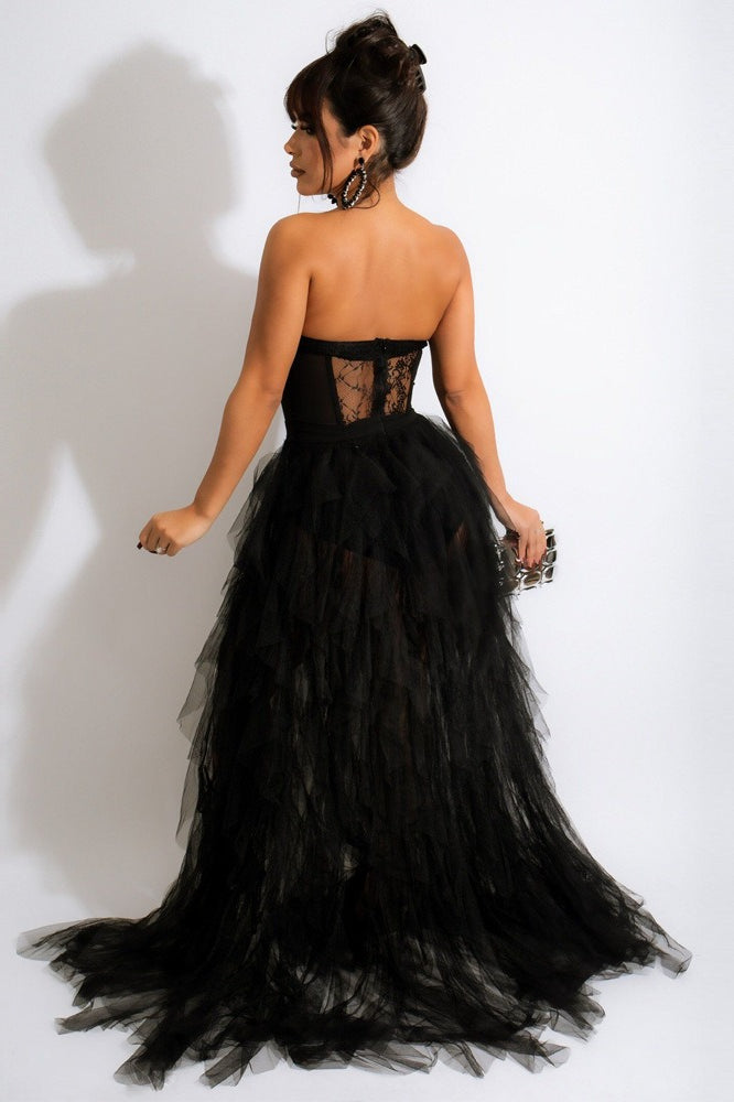 Lace Corset Sweetheart Strapless Tiered Tulle High Slit Maxi Skirt Set 2