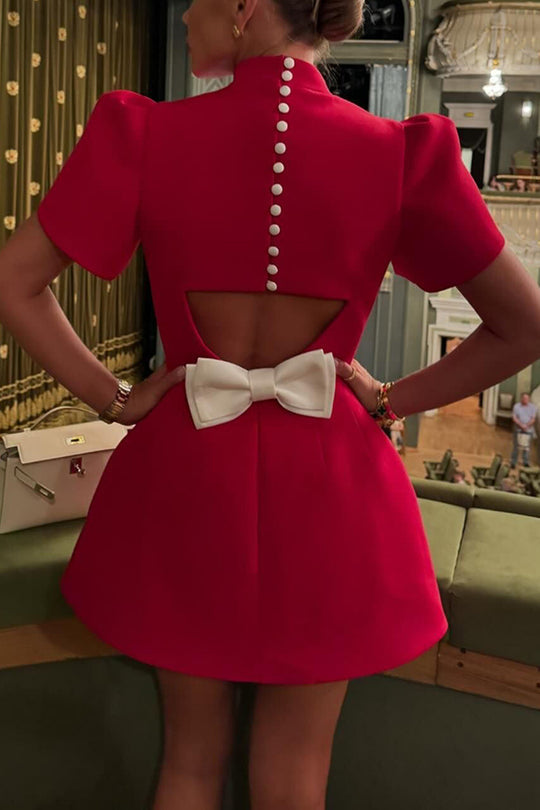 Mandarin Collar Button Back Cut Out Bow Waist Tulip Sleeve Mini Dress 8