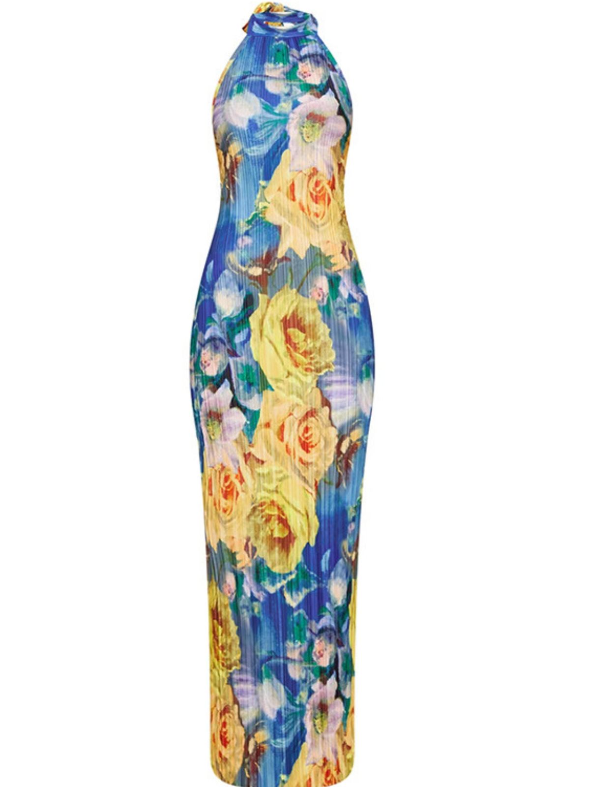 Halter Neck Ribbed Knit Floral Print Bodycon Maxi Dress 6
