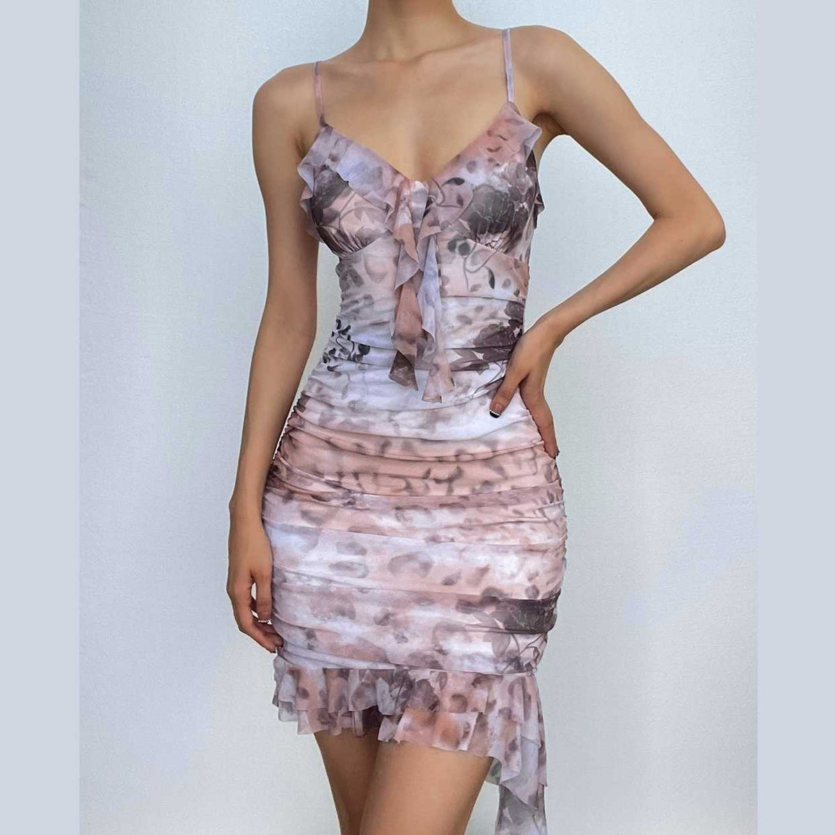 Ruched V-Neck Ruffle Trim Floral Abstract Spotted Cami Mini Dress
