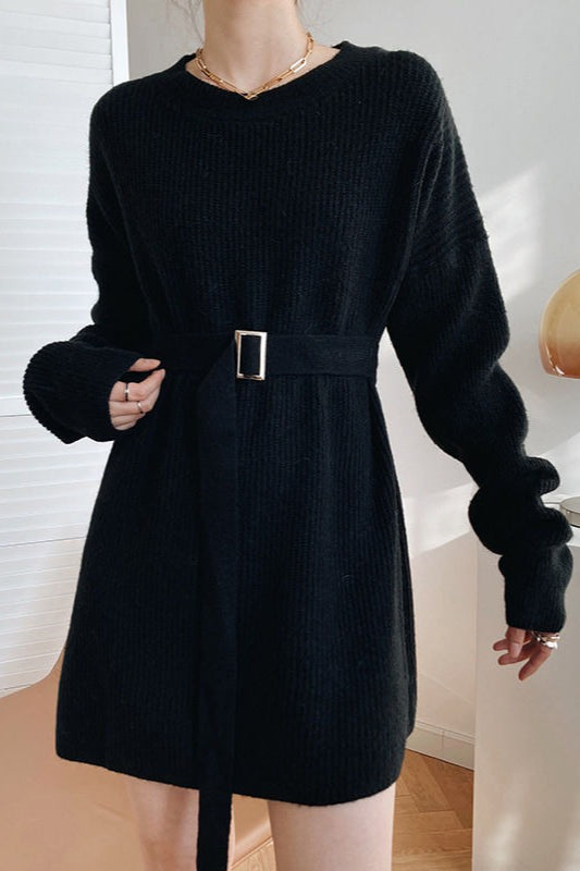 Rib Knit Belted Square Buckle Balloon Sleeve Sweater Mini Dress 7