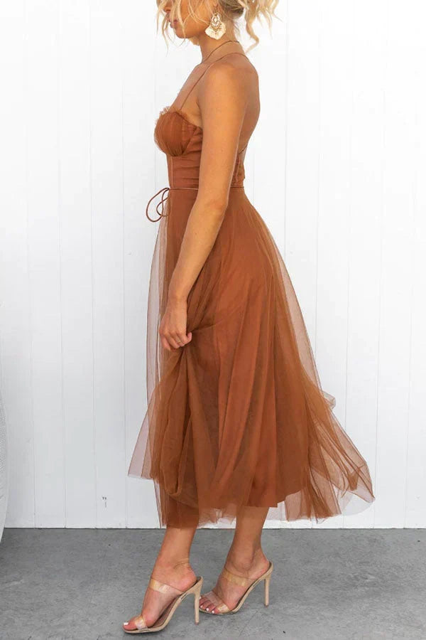 Sweetheart Neck Spaghetti Strap Corset Lace Up Tulle Skirt Midi Dress 11