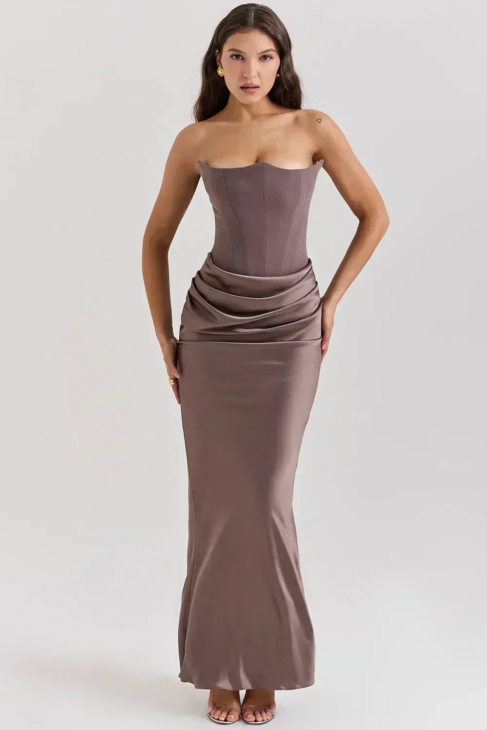 Strapless Pointed Neckline Hip Ruched Column Maxi Gown 4