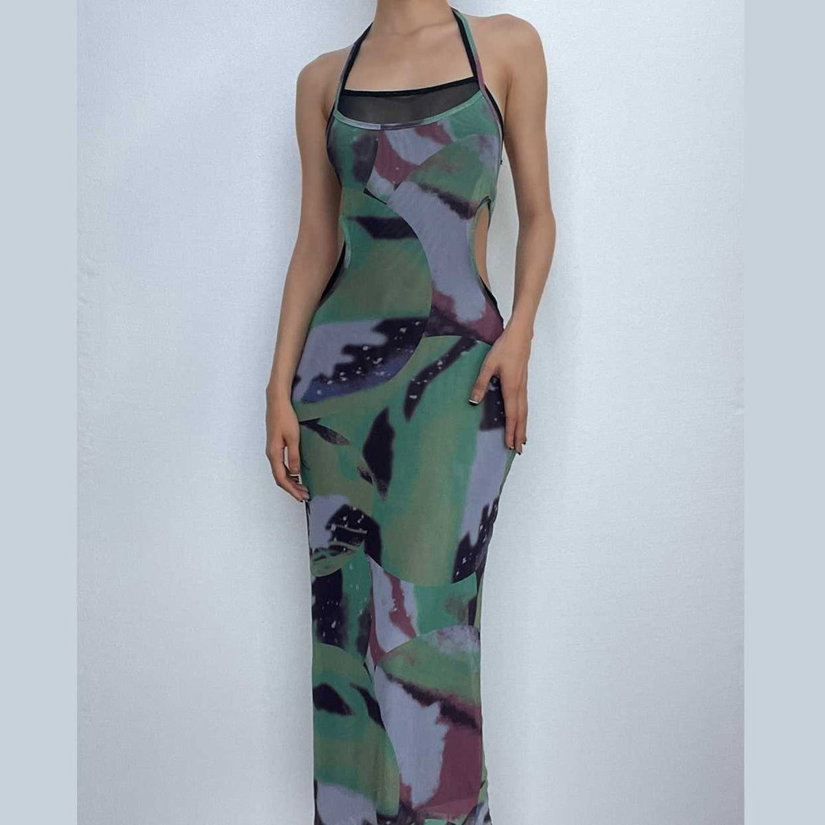 Abstract Print Halter Mesh Inset Side Cutout Bodycon Maxi Dress