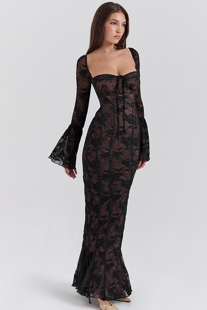 Lace Square Neck Milkmaid Tie Front Corset Seam Bell Sleeve Mermaid Maxi Dress 10