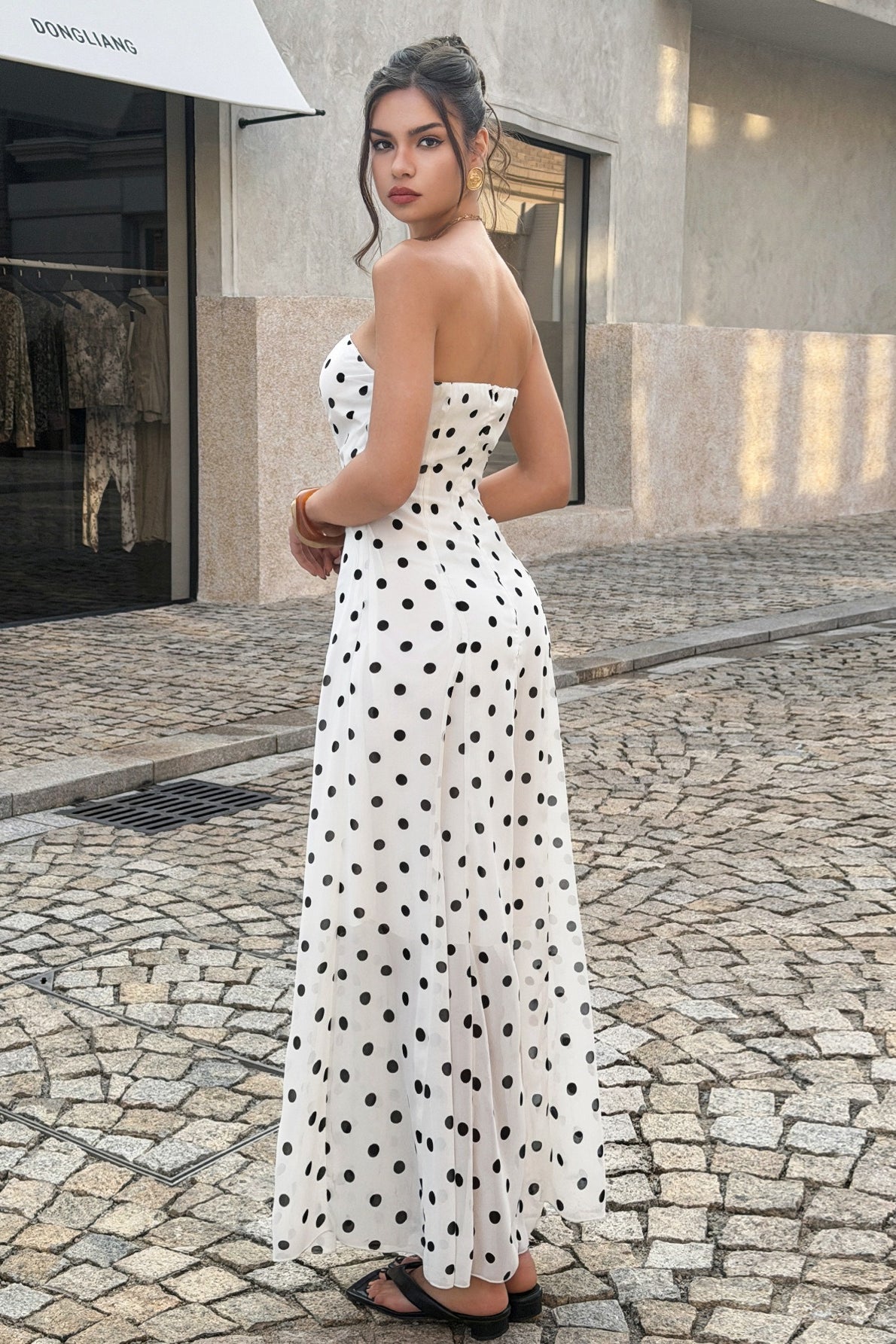 Strapless Polka Dot Paneled Slit Maxi Dress 3