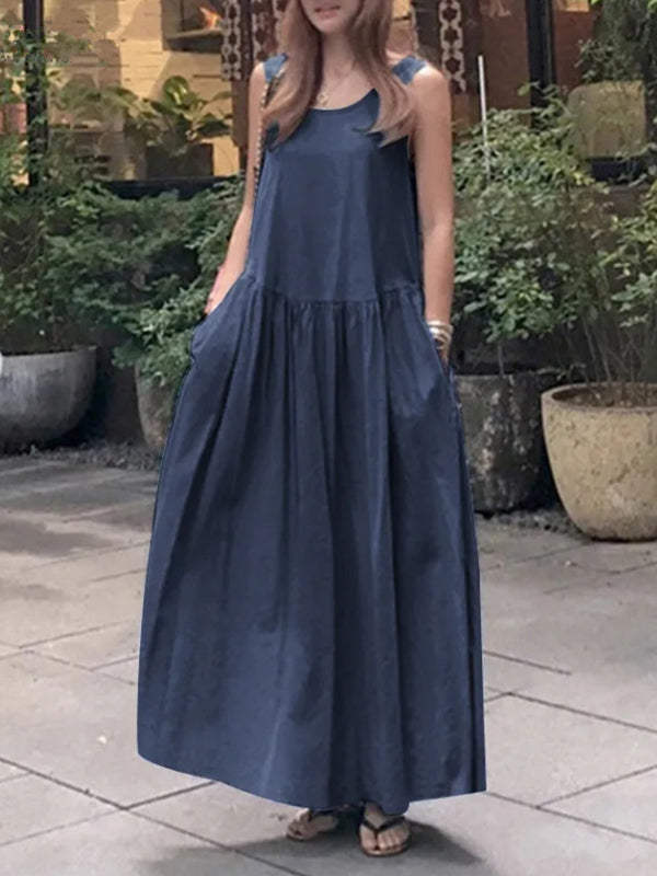 Scoop Neck Drop Waist Pocket Maxi Tank Dress 3
