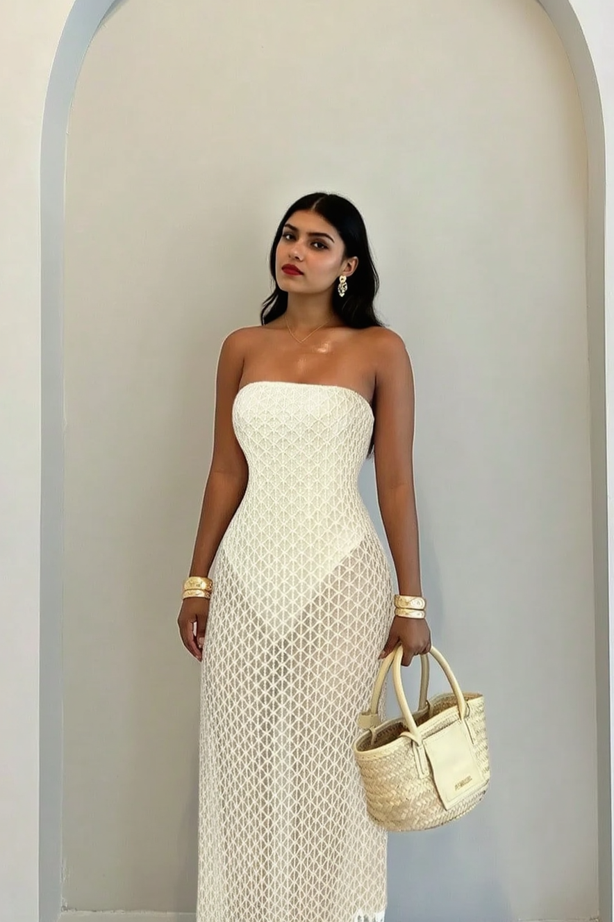 Strapless Bandeau Crochet Mesh Bodycon Mini Dress Tassel Fringe Hem Maxi Dress 3