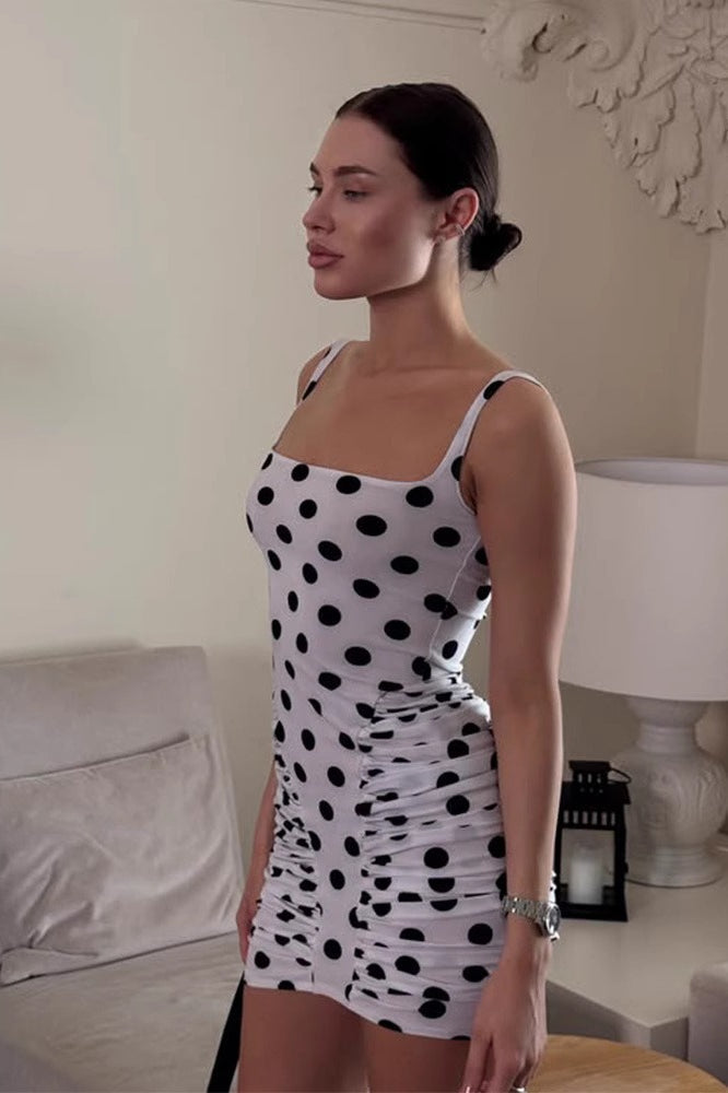 Polka Dot Square Neck Spaghetti Strap Side Ruched Bodycon Mini Dress 3