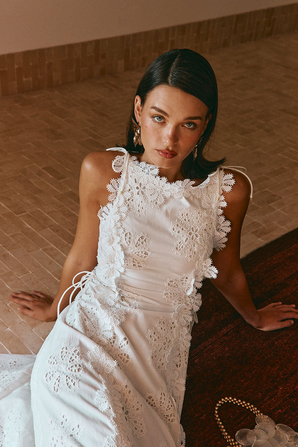 Floral Eyelet Embroidery Scalloped Lace Trim Tie Waist Maxi Dress 2