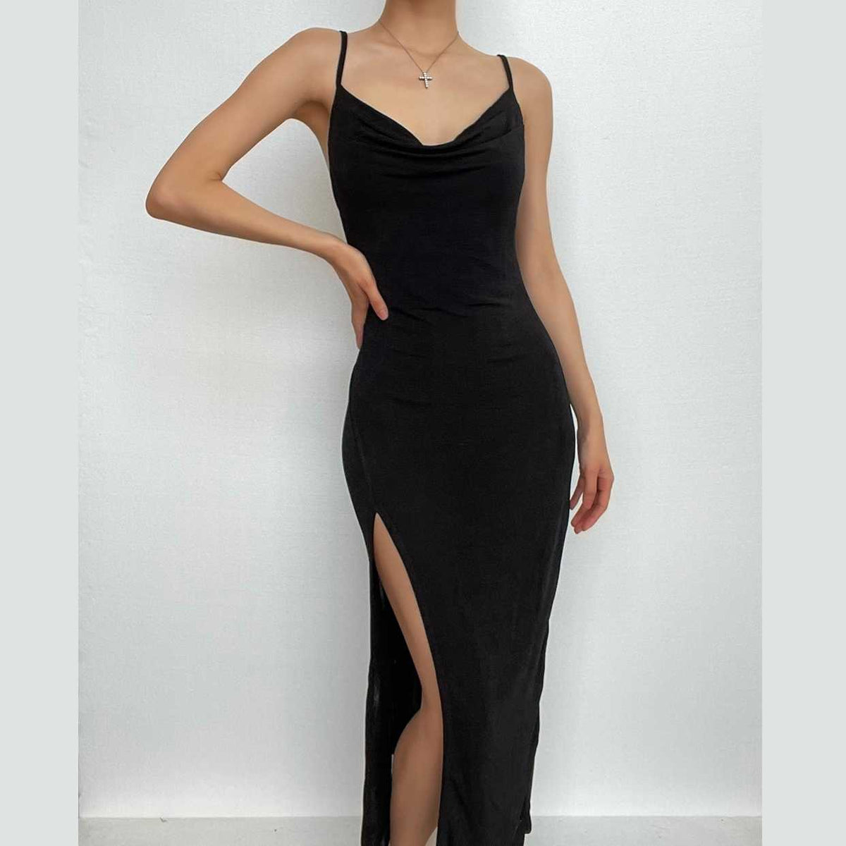 Cowl Neck Spaghetti Strap Ruched Waist High Slit Bodycon Maxi Dress 11