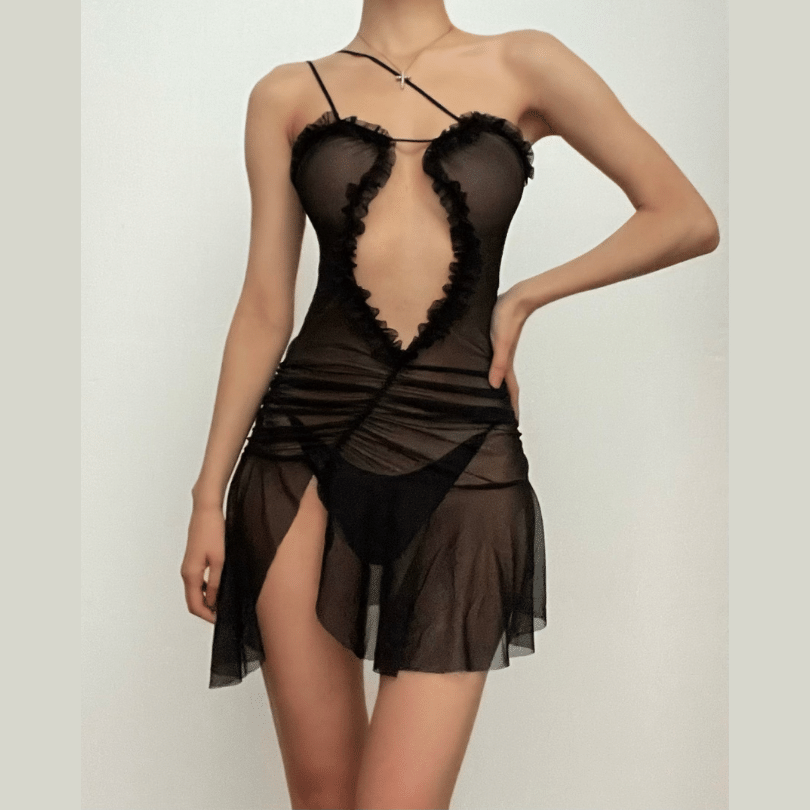 Sheer Mesh Ruffle Trim Keyhole Cutout High Slit Mini Dress