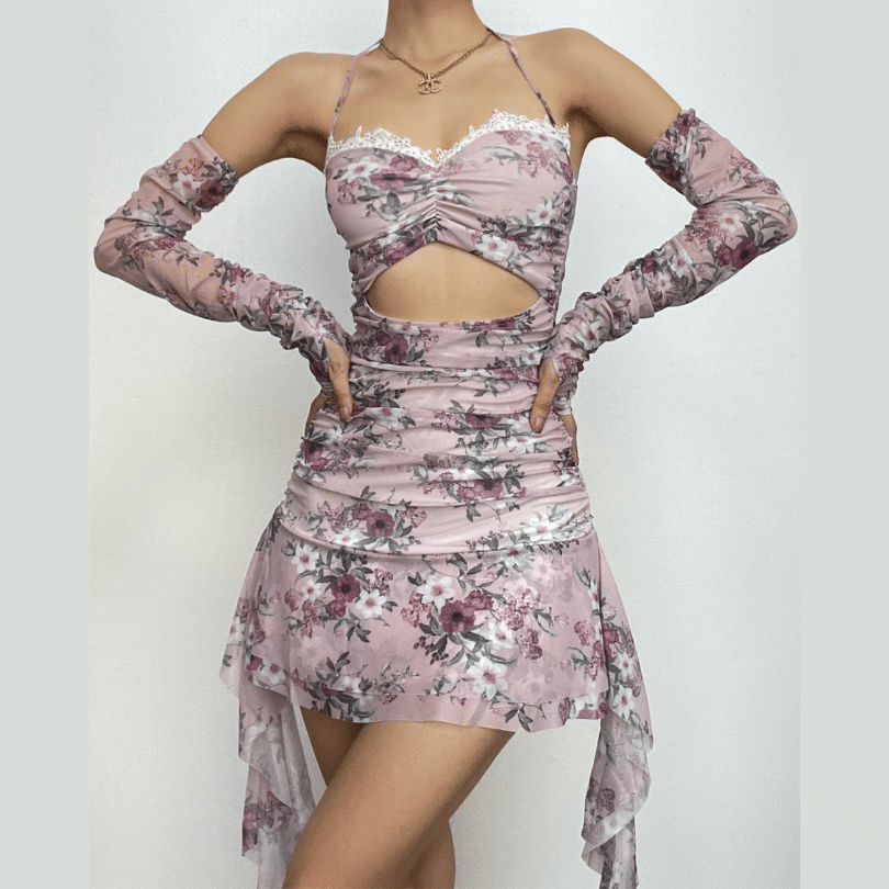 Halter Floral Print Lace Trim Midriff Cutout Ruffle Hem Mini Dress and Lace Arm Sleeves Set