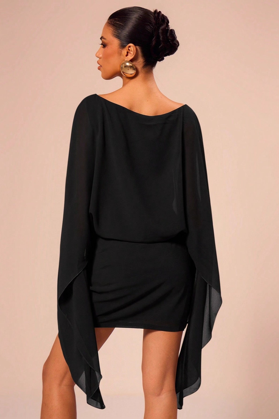 Boat Neck Sheer Batwing Cape Sleeve Draped Blouson Bodycon Mini Dress 8