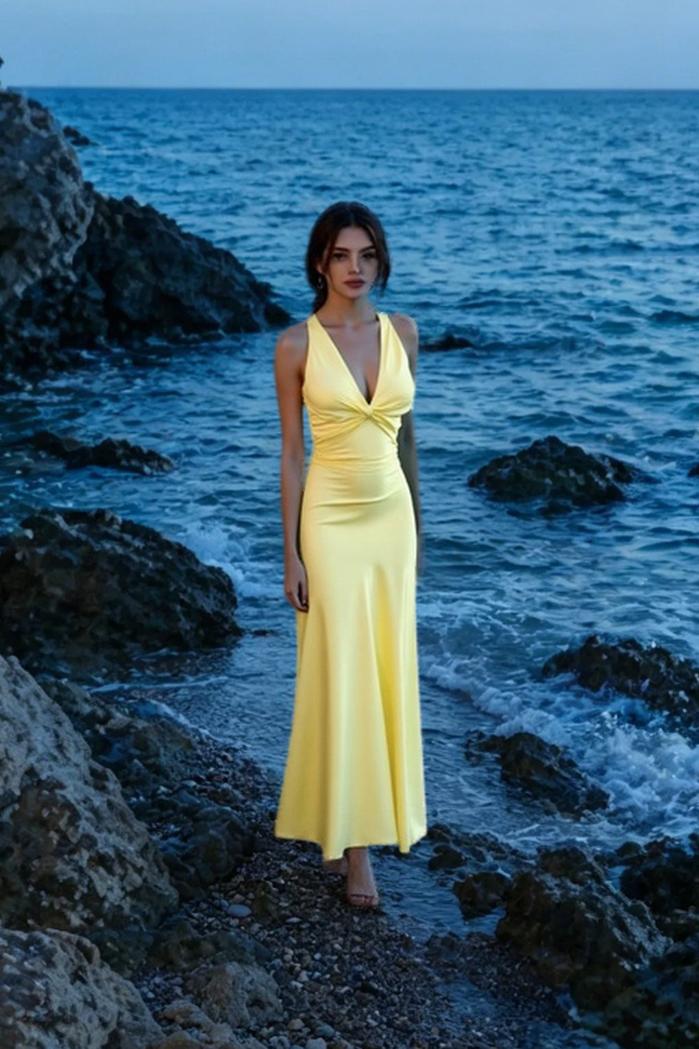 Twist Front Deep V-Neck Wide Strap Satin Maxi Gown 2