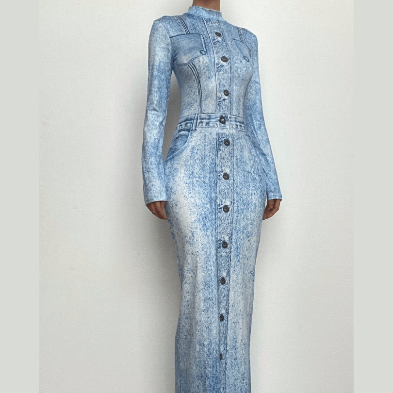 Mock Neck Faux Denim Acid Wash Print Long Sleeve Bodycon Maxi Dress