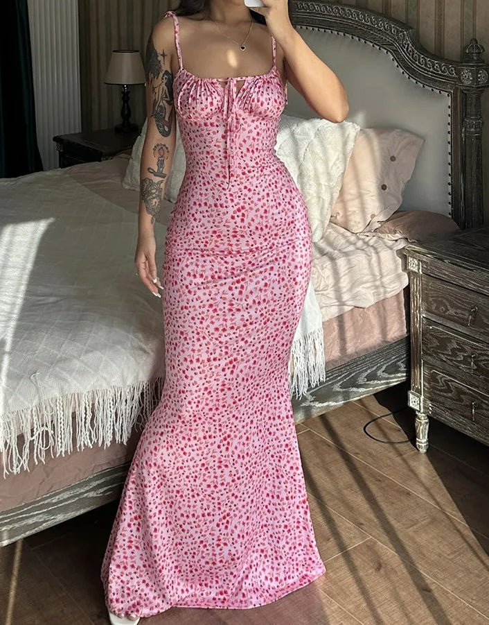 Floral Print Spaghetti Strap Sweetheart Lace Up Backless Maxi Dress 3
