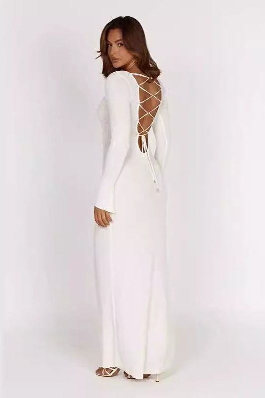 Ribbed Knit Long Sleeve Lace Up Open Back Bodycon Maxi Dress 3