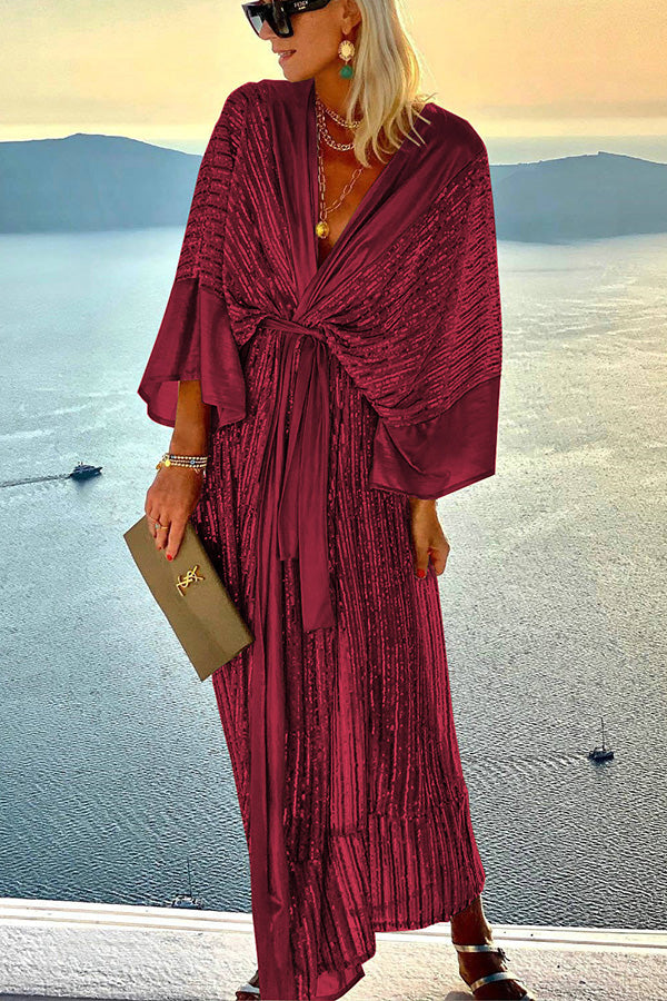 Sequin Kimono Sleeve Wrap Tie Waist Floor Length Maxi Gown 3
