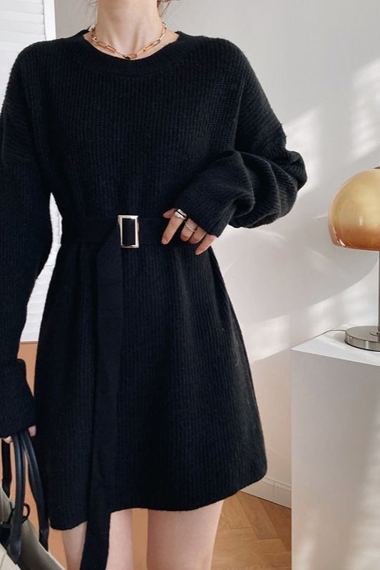 Rib Knit Belted Square Buckle Balloon Sleeve Sweater Mini Dress 6