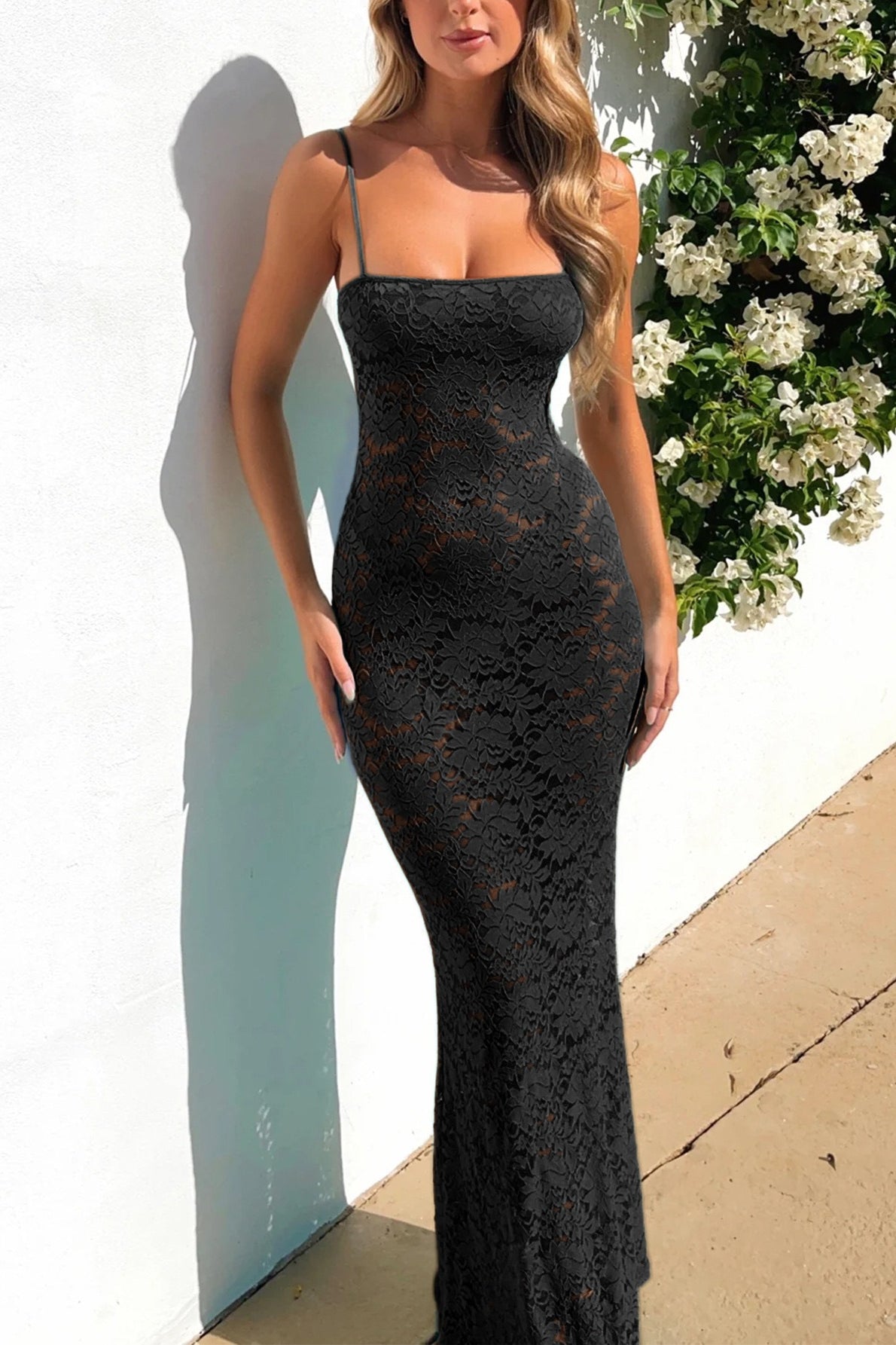 Lace Square Neck Spaghetti Strap Bodycon Maxi Dress 2