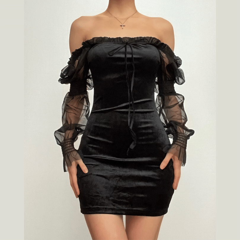 Off Shoulder Mesh Puff Sleeve Tie Front Ruffle Trim Velvet Bodycon Mini Dress