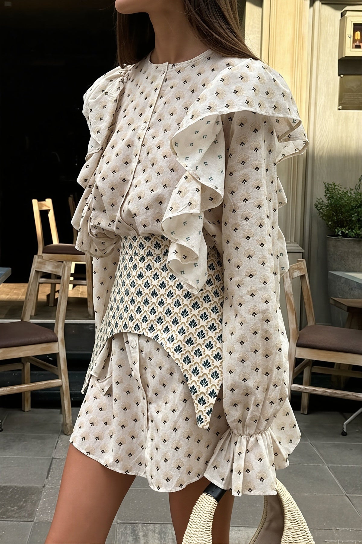 Diamond Print Ruffle Flare Sleeve Button Front Tiered Mini Dress 3
