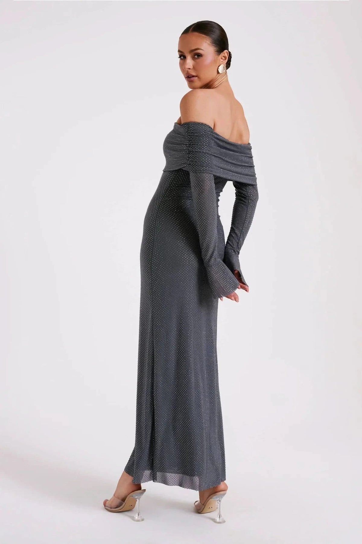 Off-Shoulder Fold-Over Bardot Bell Sleeve Shimmer Bodycon Maxi Dress 9