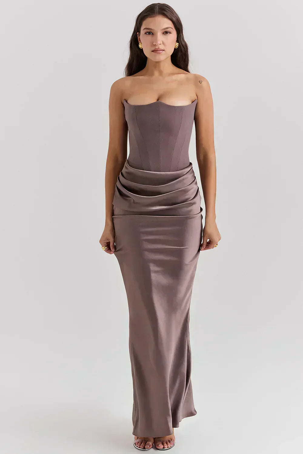 Strapless Pointed Neckline Hip Ruched Column Maxi Gown 5