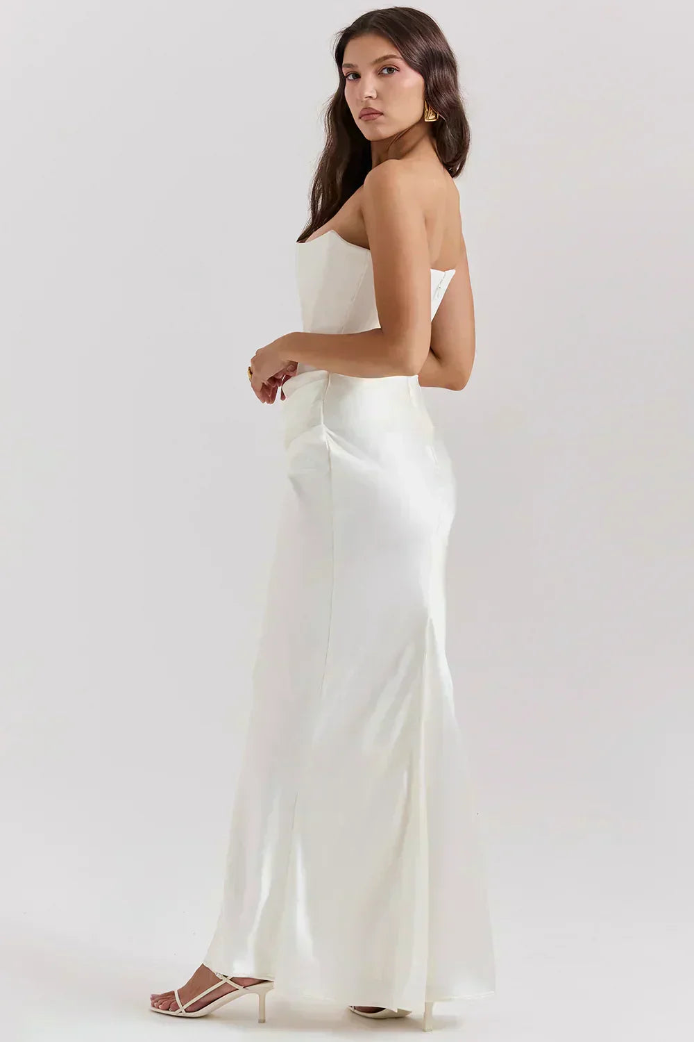 Strapless Pointed Neckline Hip Ruched Column Maxi Gown 2