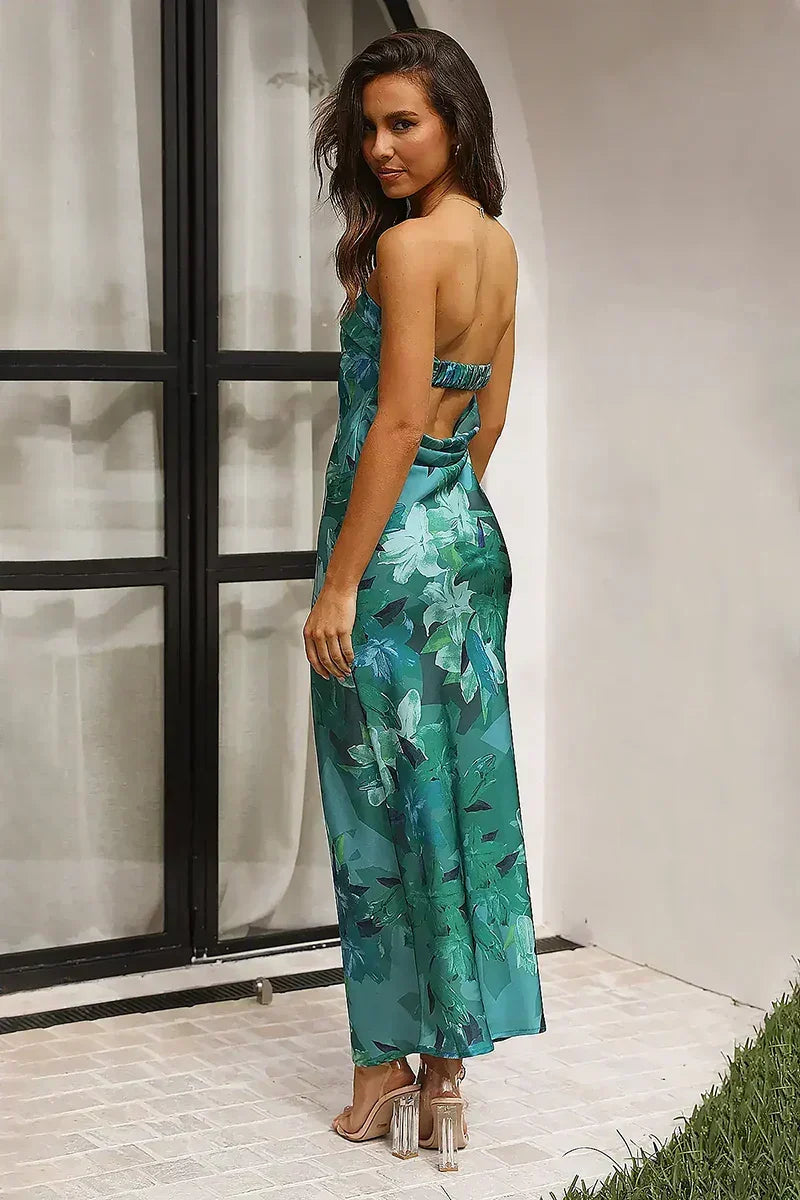 Strapless Foldover Neck Large Scale Floral Print Satin Column Maxi Dress 4