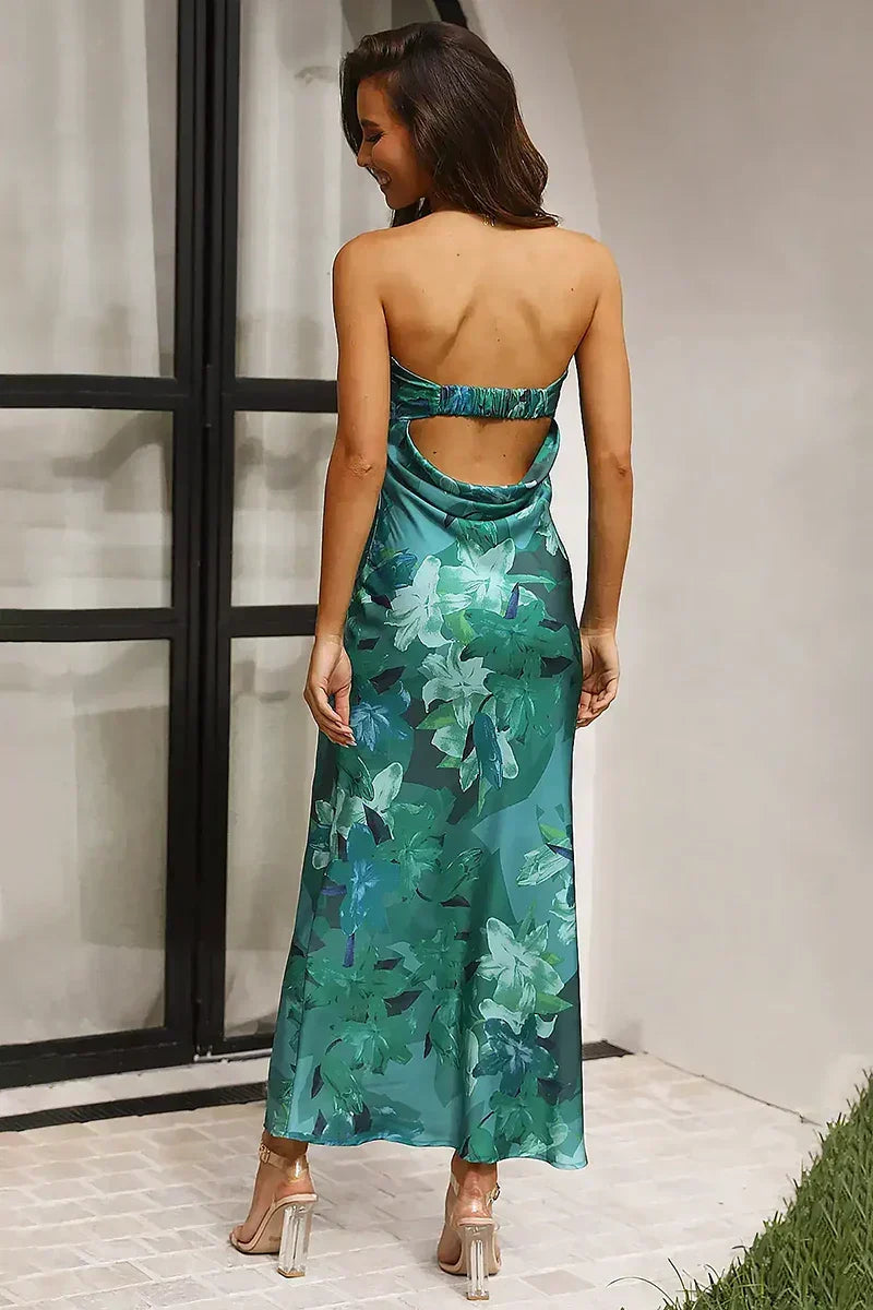 Strapless Foldover Neck Large Scale Floral Print Satin Column Maxi Dress 5