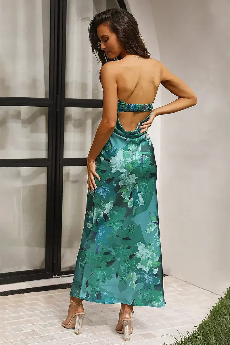 Strapless Foldover Neck Large Scale Floral Print Satin Column Maxi Dress 6
