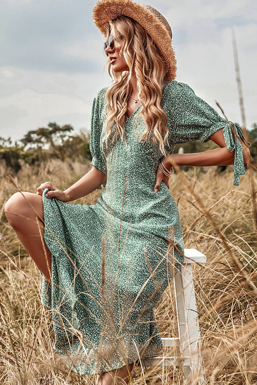 V Neck Border Print Tiered Midi Dress 4