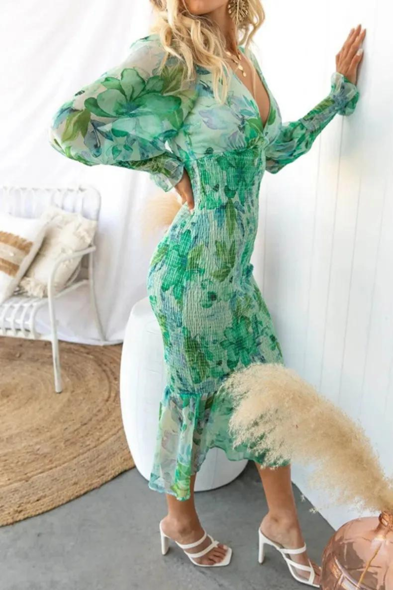 Floral Print Deep V-Neck Balloon Sleeve Smocked Trumpet Hem Midi Dress 9
