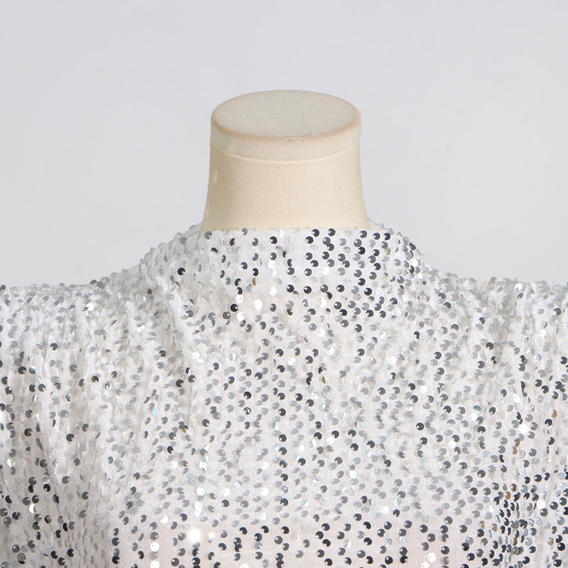 Structured Shoulder Crew Neck Sequin Mini Dress 4